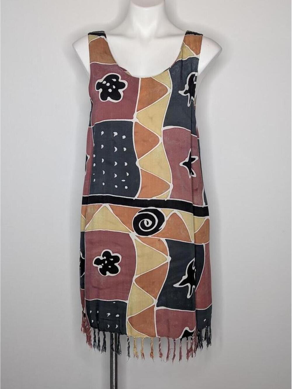 Vintage Koko Knot Orange Yellow Red Muted Tone Abstract Rayon Sun Dress L